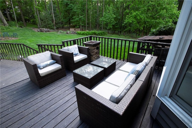 407 Highland Ct, Marshall, PA 15090 - deck with outdoor lounge area, a lawn, and a view of trees