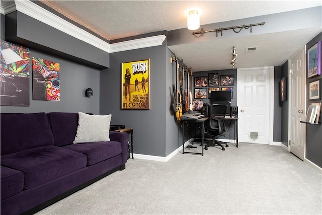 407 Highland Ct, Marshall, PA 15090 - living room with carpet floors, an office area, baseboards, a textured ceiling, and ornamental molding