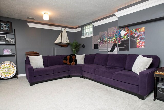 407 Highland Ct, Marshall, PA 15090 - living room featuring carpet, crown molding, and a textured ceiling