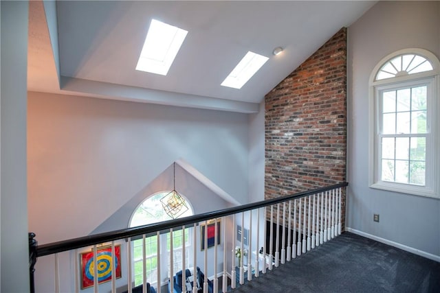 407 Highland Ct, Marshall, PA 15090 - hall with lofted ceiling, a skylight, healthy amount of natural light, carpet, and baseboards