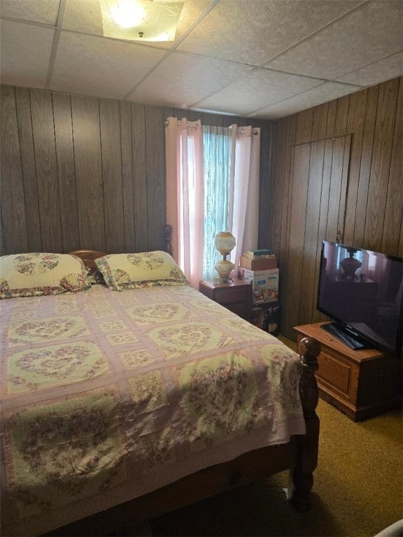 114 Dry Knob Rd, Georges Twp, PA 15478 - carpeted bedroom featuring a drop ceiling and wooden walls