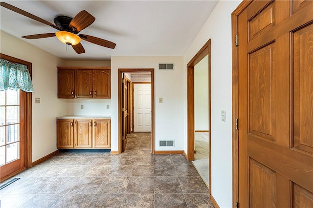 28 Saddlebrook Dr, Hempfield Twp Wml, PA 15601 - kitchen with baseboards, brown cabinetry, a ceiling fan, and light countertops