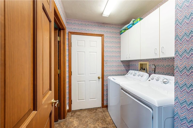 28 Saddlebrook Dr, Hempfield Twp Wml, PA 15601 - laundry room featuring wallpapered walls, washing machine and dryer, and cabinet space