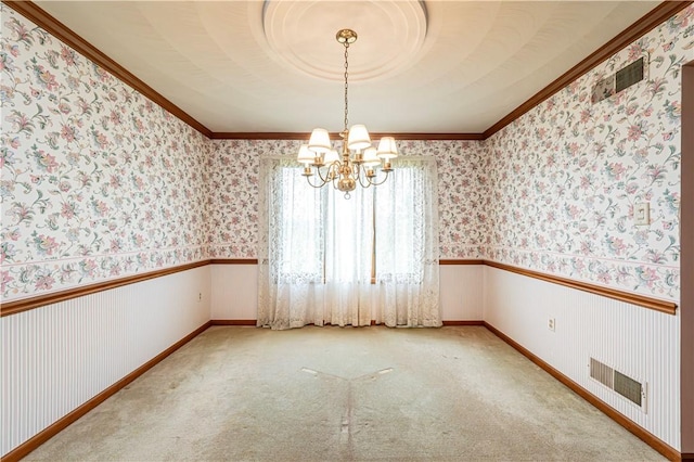 28 Saddlebrook Dr, Hempfield Twp Wml, PA 15601 - carpeted spare room featuring wallpapered walls, a chandelier, ornamental molding, baseboards, and wainscoting