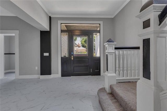 615 Cliff Ave, Bellevue, PA 15202 - foyer entrance with marble finish flooring, crown molding, and stairs