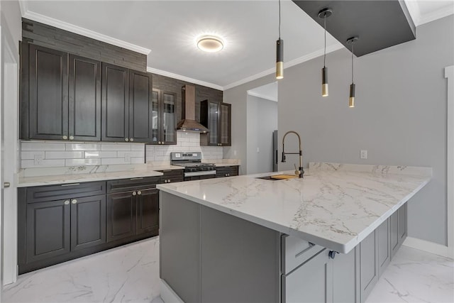 615 Cliff Ave, Bellevue, PA 15202 - kitchen with stainless steel stove, wall chimney range hood, light marble finish flooring, ornamental molding, and a peninsula