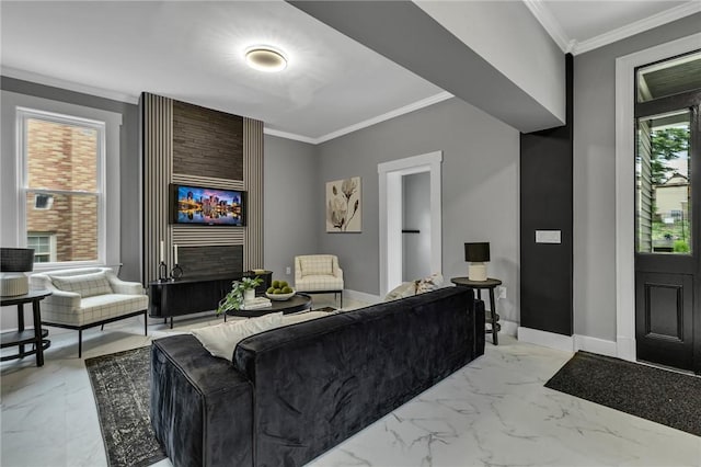615 Cliff Ave, Bellevue, PA 15202 - living room featuring light marble finish floors and crown molding