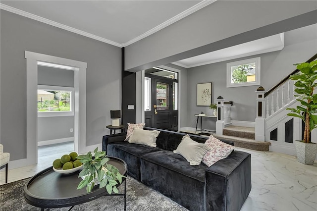 615 Cliff Ave, Bellevue, PA 15202 - living area featuring marble finish floors, crown molding, stairs, and healthy amount of natural light