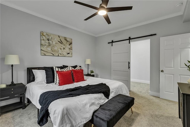 615 Cliff Ave, Bellevue, PA 15202 - bedroom featuring a barn door, light carpet, ornamental molding, and a ceiling fan