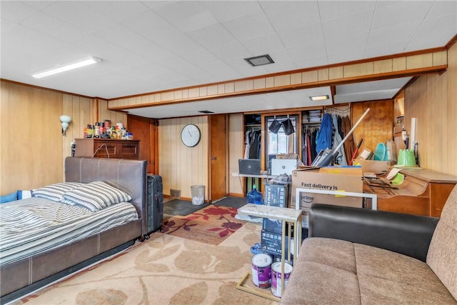 439 Ford St, West Mifflin, PA 15122 - bedroom with wood walls, carpet flooring, and ornamental molding