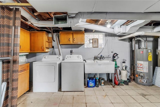 439 Ford St, West Mifflin, PA 15122 - laundry area featuring water heater, washing machine and clothes dryer, cabinet space, and concrete block wall