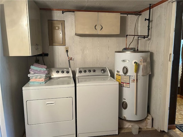 1214 Ridge Blvd, Dunbar Twp, PA 15425 - laundry room with water heater, washing machine and clothes dryer, cabinet space, electric panel, and wood walls