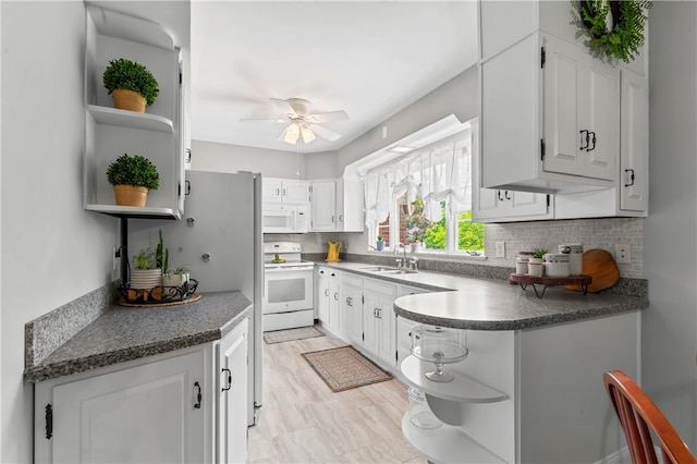 1033 Colvin Dr, Brighton Twp, PA 15009 - kitchen with open shelves, white appliances, a sink, and ceiling fan