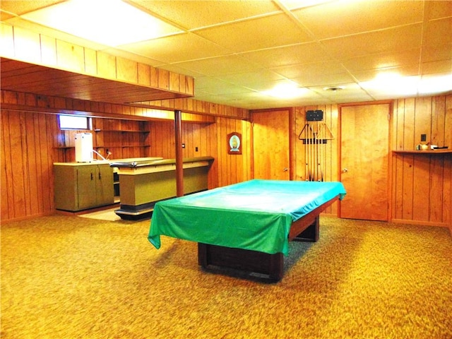 229 Crawford Ln, Rostraver, PA 15012 - rec room with wooden walls, billiards, a drop ceiling, and carpet