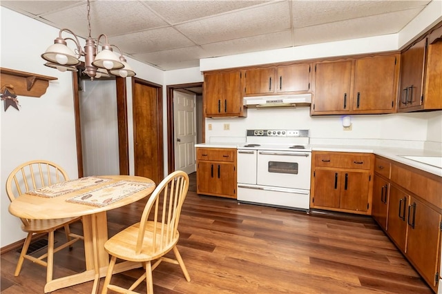 198 Gastown Rd, Plumcreek Twp, PA 15774 - kitchen with white electric stove, under cabinet range hood, a drop ceiling, light countertops, and a chandelier