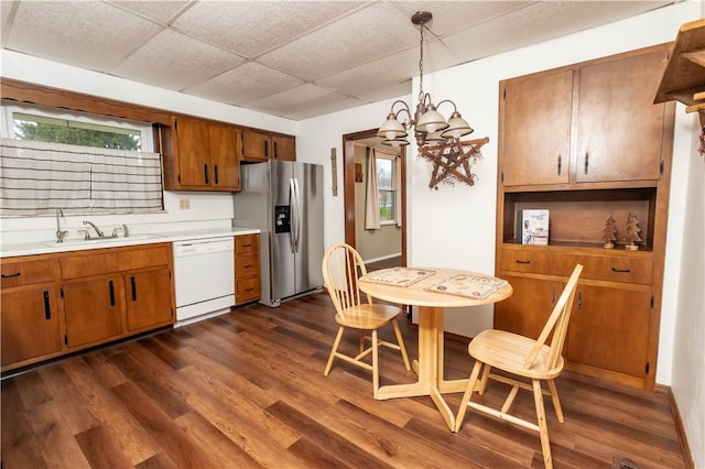 198 Gastown Rd, Plumcreek Twp, PA 15774 - kitchen with white dishwasher, stainless steel refrigerator with ice dispenser, a sink, light countertops, and dark wood finished floors