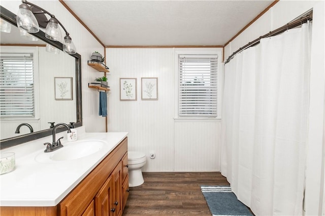 198 Gastown Rd, Plumcreek Twp, PA 15774 - full bath with vanity, toilet, wood finished floors, ornamental molding, and curtained shower
