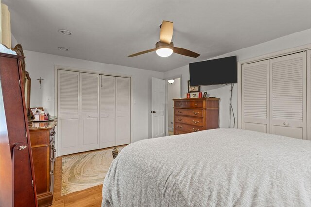 375 Navaho Hollow Rd, Coolbaugh Twp, PA 15438 - bedroom with light wood-style flooring, a ceiling fan, and two closets