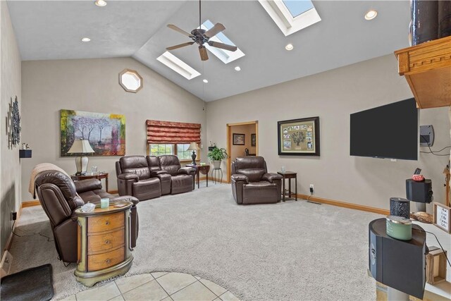 375 Navaho Hollow Rd, Coolbaugh Twp, PA 15438 - carpeted living area with a skylight, ceiling fan, recessed lighting, high vaulted ceiling, and baseboards