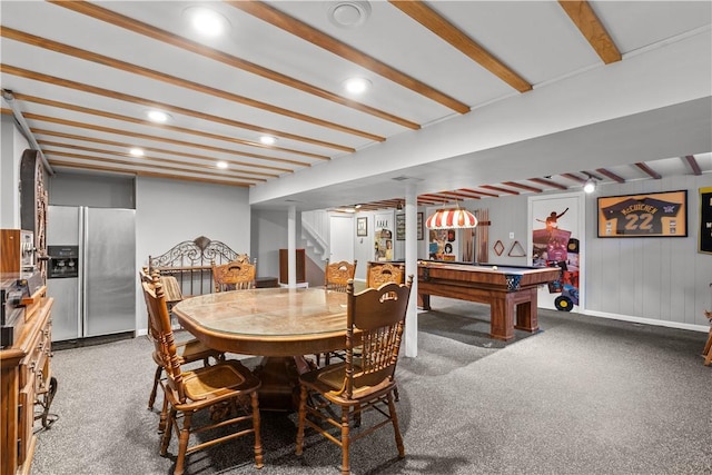 375 Navaho Hollow Rd, Coolbaugh Twp, PA 15438 - dining space featuring stairway, billiards table, beamed ceiling, and recessed lighting