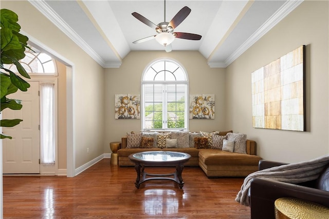 8007 Pressley Ct, Mccandless, PA 15237 - living room with plenty of natural light, ceiling fan, wood finished floors, lofted ceiling, and ornamental molding