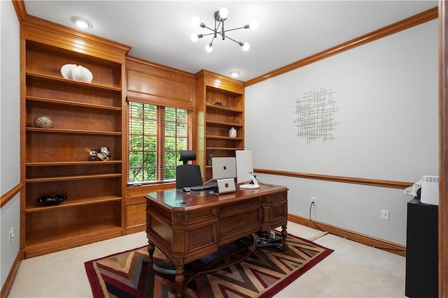 8007 Pressley Ct, Mccandless, PA 15237 - home office featuring a chandelier, crown molding, light carpet, baseboards, and built in shelves