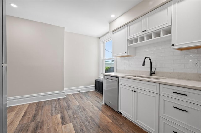 130 Pearl St, Bloomfield, PA 15224 - kitchen with dishwasher, a sink, dark wood-type flooring, tasteful backsplash, and white cabinets