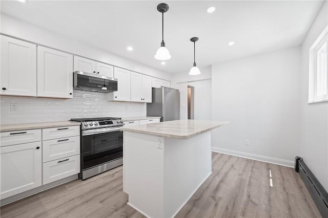 130 Pearl St, Bloomfield, PA 15224 - kitchen featuring stainless steel appliances, exhaust hood, baseboard heating, light wood-style flooring, and recessed lighting