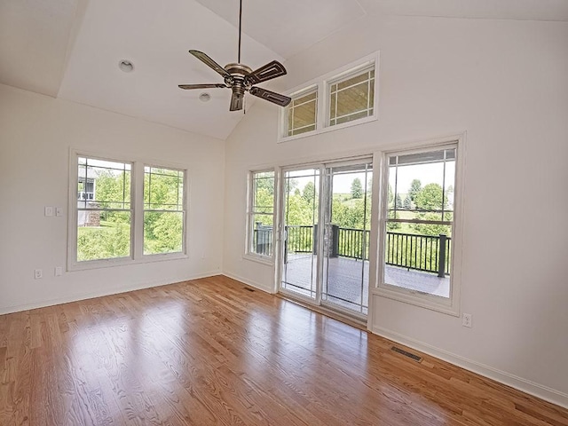 430 Longleaf Dr, Peters Twp, PA 15367 - empty room featuring ceiling fan, baseboards, wood finished floors, and high vaulted ceiling