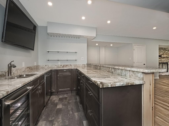 430 Longleaf Dr, Peters Twp, PA 15367 - kitchen featuring a sink, beverage cooler, a peninsula, dark wood finished floors, and open shelves