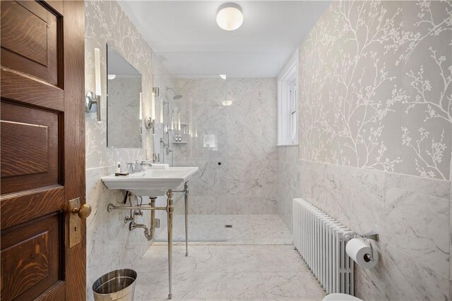700 Meade St, Monongahela, PA 15063 - bathroom with radiator, tile walls, a marble finish shower, and marble look tiles