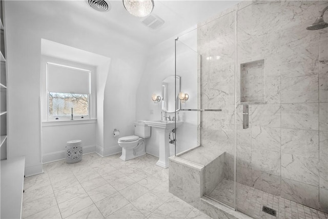 700 Meade St, Monongahela, PA 15063 - bathroom featuring a shower stall, toilet, baseboards, and marble look tile flooring