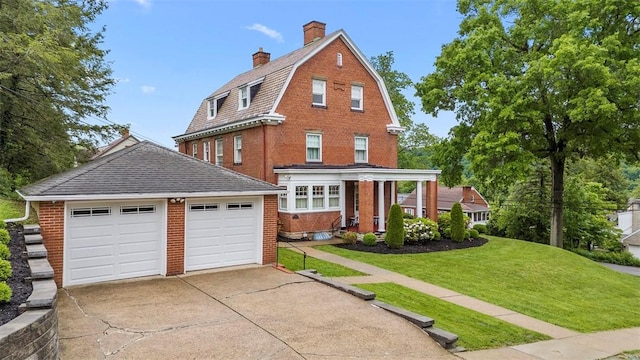 700 Meade St, Monongahela, PA 15063 - colonial inspired home featuring brick siding, a front yard, an outdoor structure, and a chimney