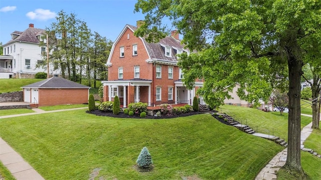 700 Meade St, Monongahela, PA 15063 - view of front of home with a front lawn, a chimney, a garage, a gambrel roof, and a porch