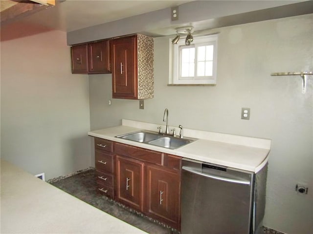 3163 Jacks Run Rd, White Oak, PA 15131 - kitchen with stainless steel dishwasher, a sink, light countertops, and reddish brown cabinets