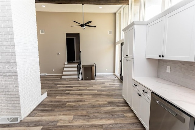 200 Centerwood Cir, South Union Twp, PA 15401 - kitchen with dishwasher, a ceiling fan, a high ceiling, tasteful backsplash, and white cabinets