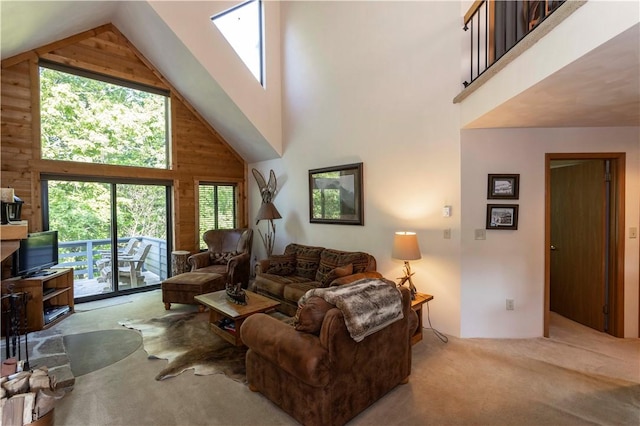 3908 Swiss Mountain Dr, Seven Springs Resort, PA 15622 - carpeted living room with high vaulted ceiling and wooden walls