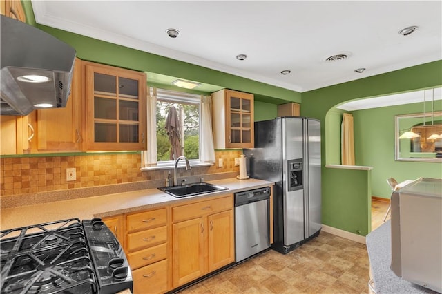 326 Pinevue Dr, Monroeville, PA 15146 - kitchen featuring appliances with stainless steel finishes, a sink, extractor fan, light countertops, and crown molding