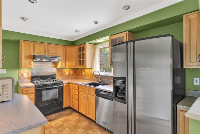 326 Pinevue Dr, Monroeville, PA 15146 - kitchen with appliances with stainless steel finishes, under cabinet range hood, a sink, tasteful backsplash, and glass insert cabinets