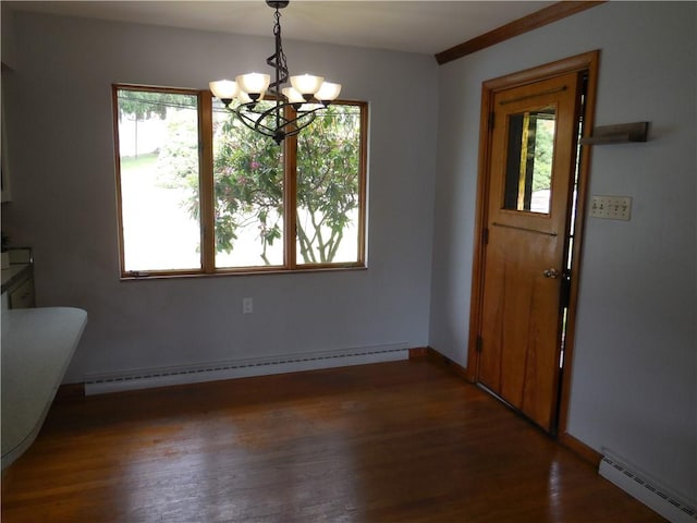 1118 Fairlane Dr, Hopewell Twp Bea, PA 15001 - unfurnished dining area featuring a baseboard radiator, a chandelier, wood finished floors, and baseboards