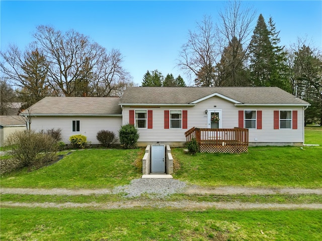 2002 Pulaski Rd, Neshannock Twp, PA 16105 - ranch-style home featuring a front lawn, a deck, and roof with shingles