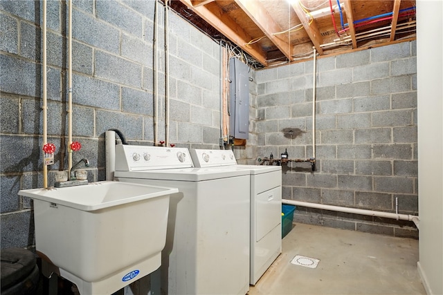 2002 Pulaski Rd, Neshannock Twp, PA 16105 - laundry room with electric panel, washer and clothes dryer, and concrete block wall