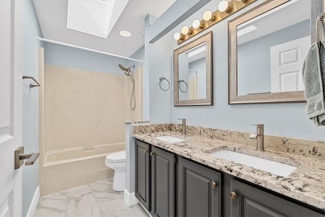 14 Laurel Hill Rd, Cecil, PA 15057 - bathroom featuring a skylight, toilet, marble finish floors, washtub / shower combination, and double vanity