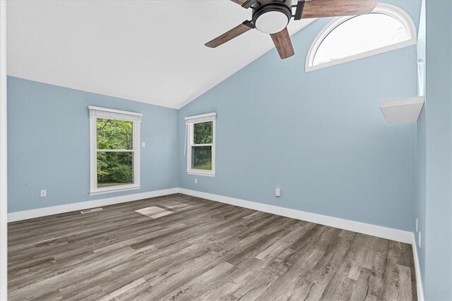 14 Laurel Hill Rd, Cecil, PA 15057 - spare room with a ceiling fan, wood finished floors, baseboards, and high vaulted ceiling