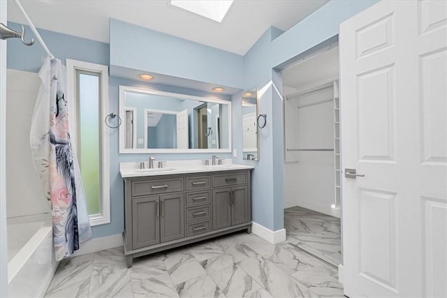 14 Laurel Hill Rd, Cecil, PA 15057 - bathroom with double vanity, marble look tiles, baseboards, and shower / bath combination with curtain