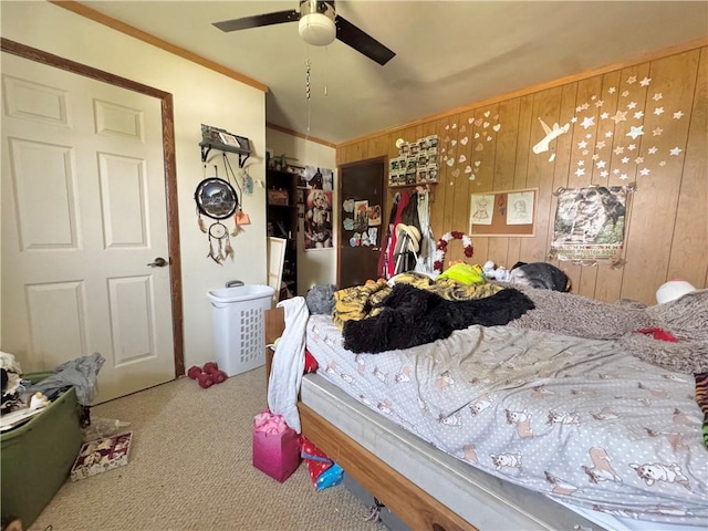 628 Superior St, New Castle/4Th, PA 16101 - carpeted bedroom with wood walls and a ceiling fan