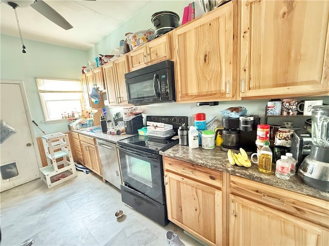 628 Superior St, New Castle/4Th, PA 16101 - kitchen with black appliances, light brown cabinets, a sink, ceiling fan, and dark stone counters