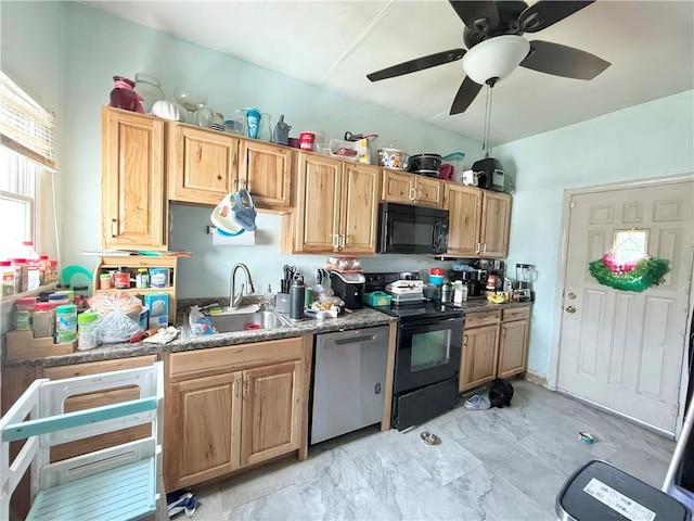 628 Superior St, New Castle/4Th, PA 16101 - kitchen featuring black appliances, a sink, ceiling fan, and light marble finish flooring