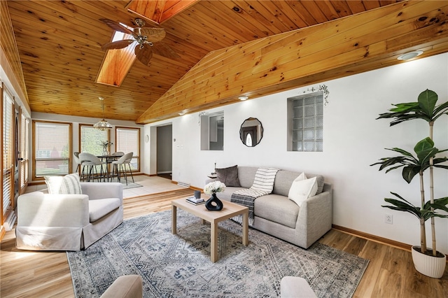 11660 Dennis Cir N, Huntingdon, PA 15642 - living area with a skylight, baseboards, wood ceiling, vaulted ceiling, and a ceiling fan