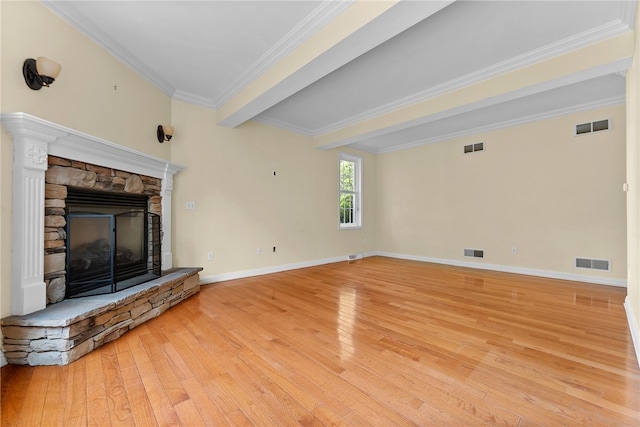 621 Columbia Ct, Adams Twp, PA 16046 - unfurnished living room featuring light wood-style flooring, ornamental molding, a stone fireplace, baseboards, and beam ceiling